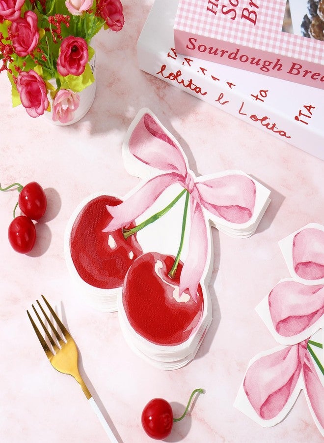 JarThenaAMCS مناديل جارثينا إيه إم سي إس، 100 قطعة، وردية اللون، مزينة بفيونكة وكرز، مناديل ورقية حمراء على شكل كرز، للاستخدام مرة واحدة، مناسبة للغداء والعشاء، مثالية لحفلات أعياد الميلاد. - Image 5